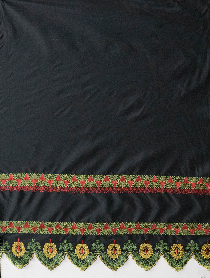 Single Anthurium Embroidered Border Polyester Fabric - Multi Color Border, 56" Width, 36" Length (1 Yard)