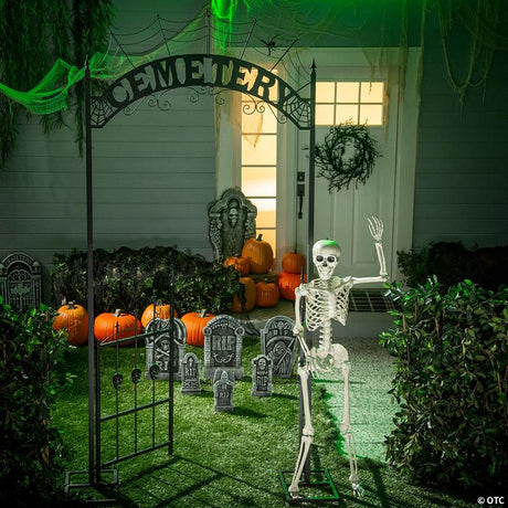 Skeleton and Cemetery Halloween Decorating Kit with Archway Set, showing a detailed skeletal bone design