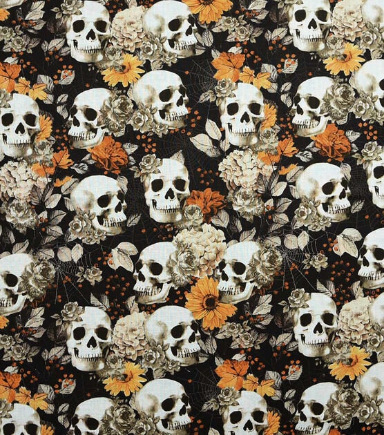Quilting Cotton Skulls And Fall Floral Halloween Fabric