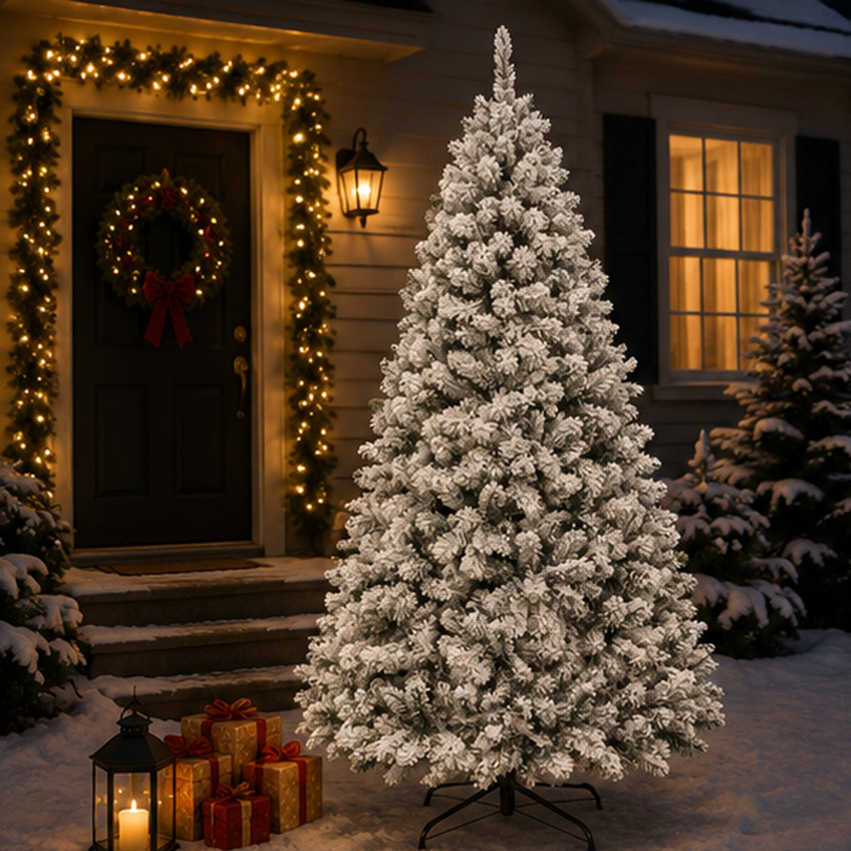 Snow Flocked Artificial Pine Christmas Tree with Foldable Metal Stand