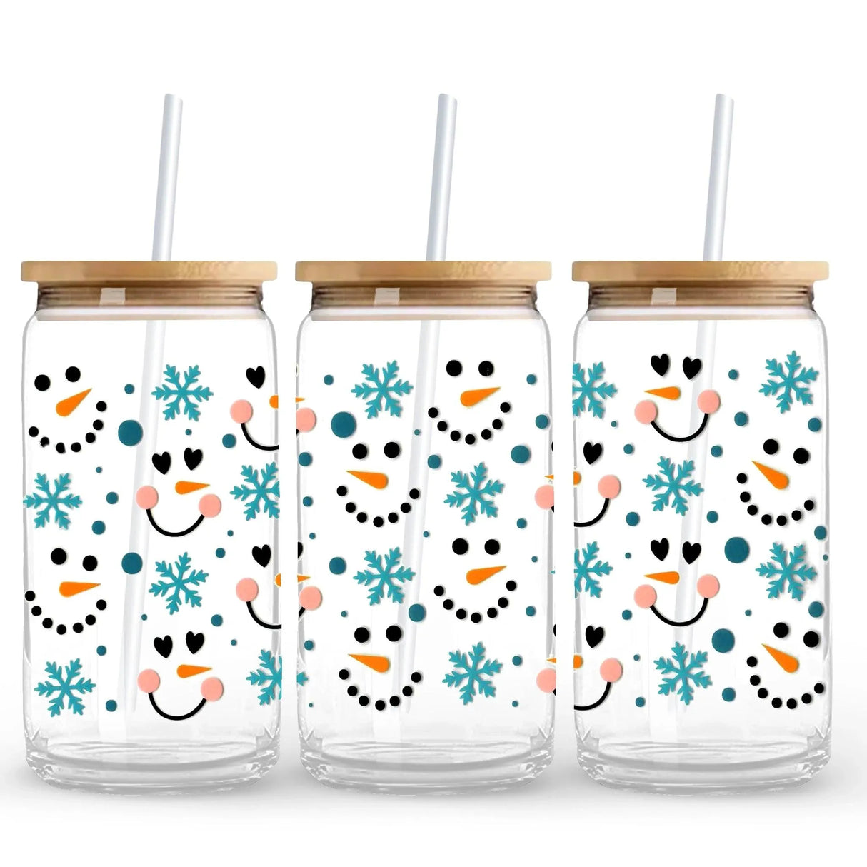 UV DTF Wrap - Snowman Faces & Blue Snowflakes (9.7" x4.3")