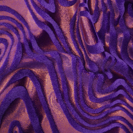 Sonic Swirl Embossed Foiled On Stretch Velvet Fabric - Black/Rainbow, Grape/Orange, Pacific Blue/Kelly, Volcano/Royal, 56" Width (1 Yard)