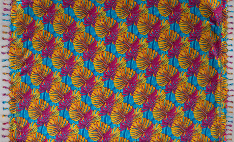 Split Leaf Sarong 100 Percent Rayon Fabric - Golden Yellow, Dark Turquoise, Charcoal Gray, Teal, Split Leaf Print, 72" L x 45" W (1 Piece)