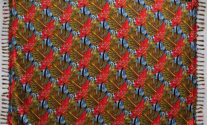 Split Leaf Sarong 100 Percent Rayon Fabric - Golden Yellow, Dark Turquoise, Charcoal Gray, Teal, Split Leaf Print, 72" L x 45" W (1 Piece)