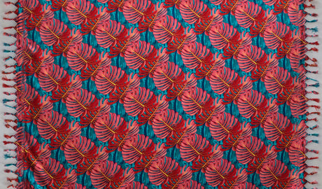 Split Leaf Sarong 100 Percent Rayon Fabric - Golden Yellow, Dark Turquoise, Charcoal Gray, Teal, Split Leaf Print, 72" L x 45" W (1 Piece)