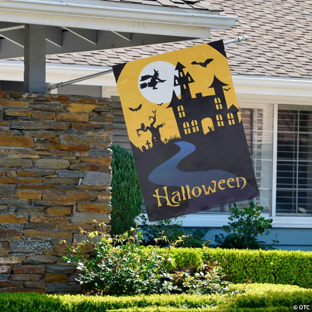 Spooky House Halloween Outdoor House Flag with Bats and Witch 28" x 40"