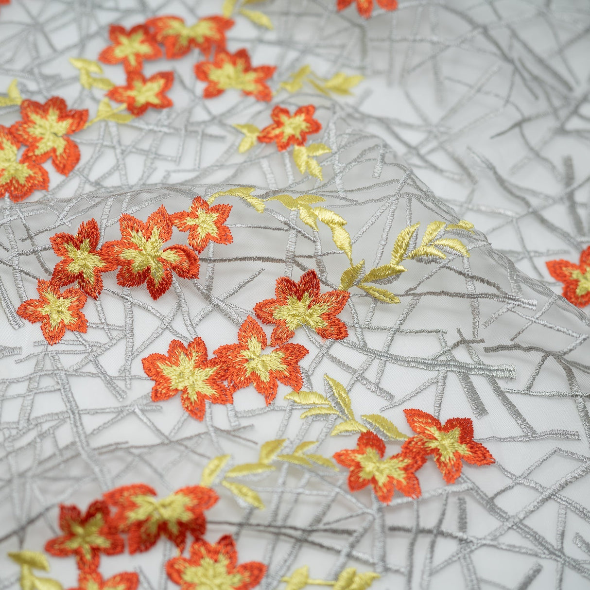 Spring Has Sprung Embroidered Mesh Fabric - Blue, Orange, Pink Floral Branch Embroidery, Mesh Fabric (1 Yard)