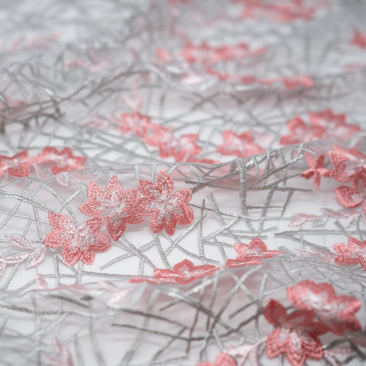 Spring Has Sprung Embroidered Mesh Fabric - Blue, Orange, Pink Floral Embroidery, Abstract Branch Pattern (1 Yard)