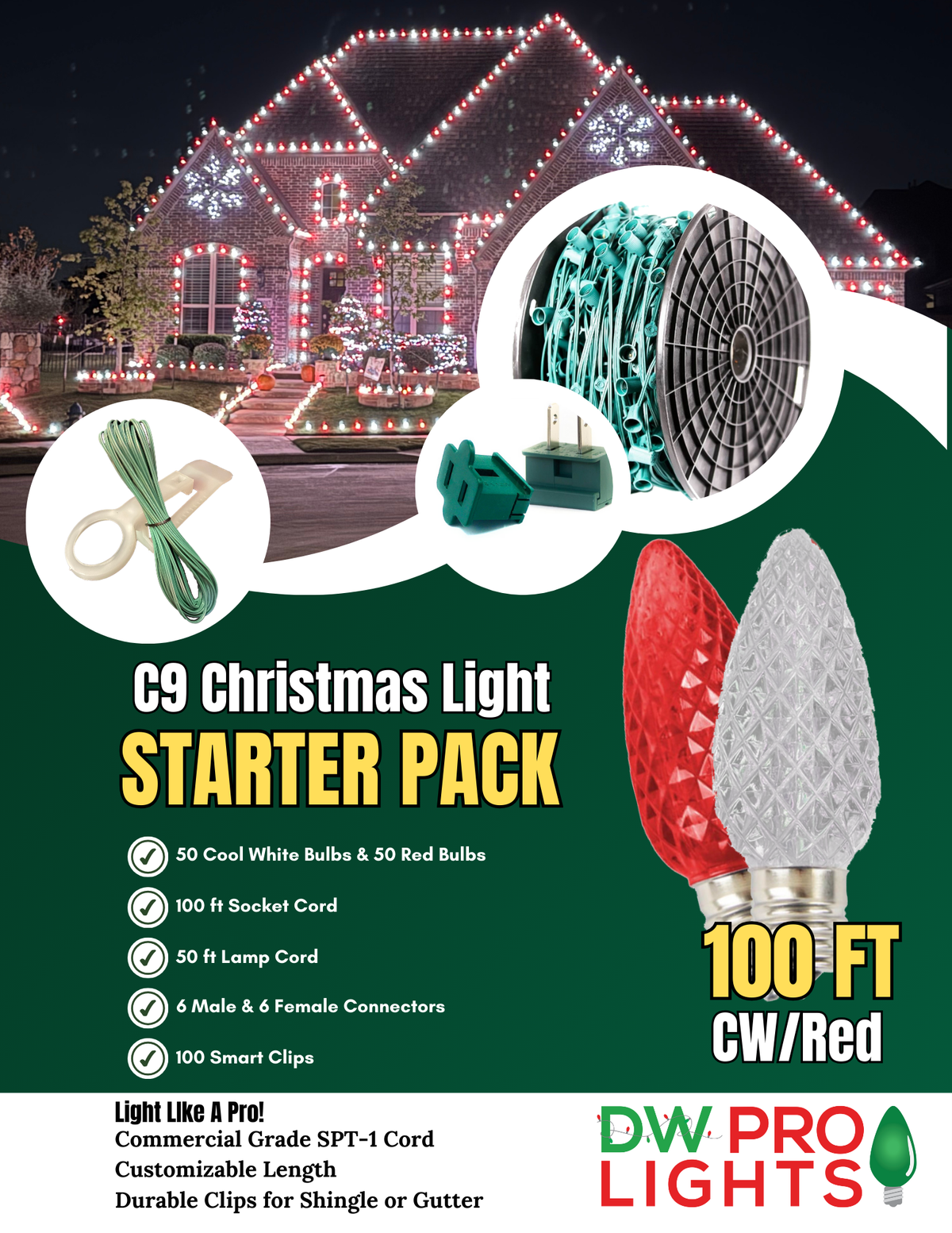 100' Outdoor Christmas Lighting Kit - Cool White/Red