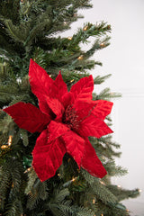 22” x 12.5” Red Velvet Poinsettia Stem – Snow-Edge Glam Holiday Floral Accent