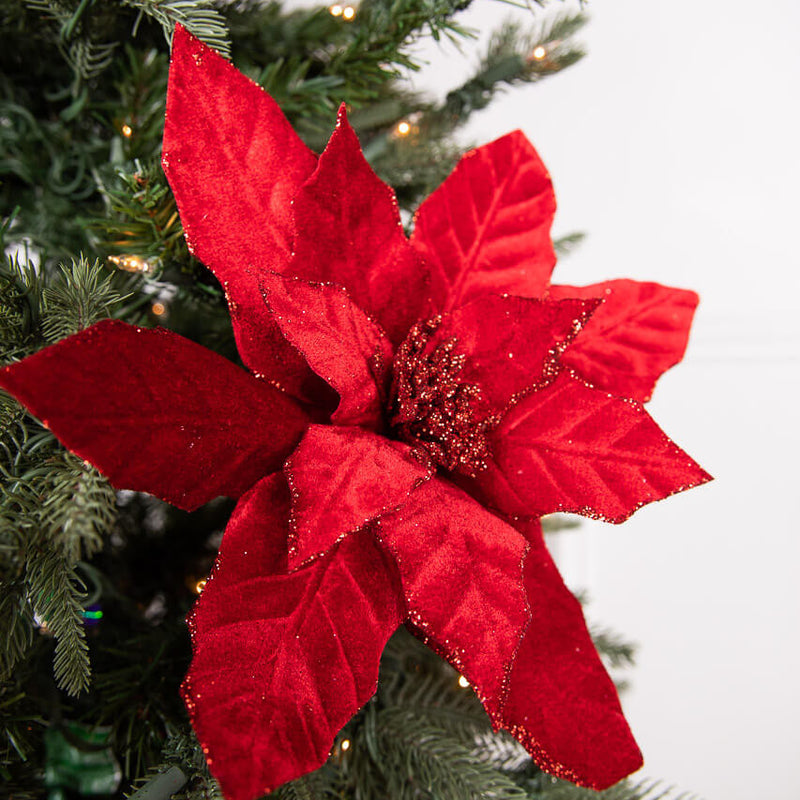 22” x 12.5” Red Velvet Poinsettia Stem – Snow-Edge Glam Holiday Floral Accent