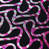 Streamers Foil Nylon Spandex Fabric - Pink/Silver Streamers On Black, 58/60" Width (1 Yard)