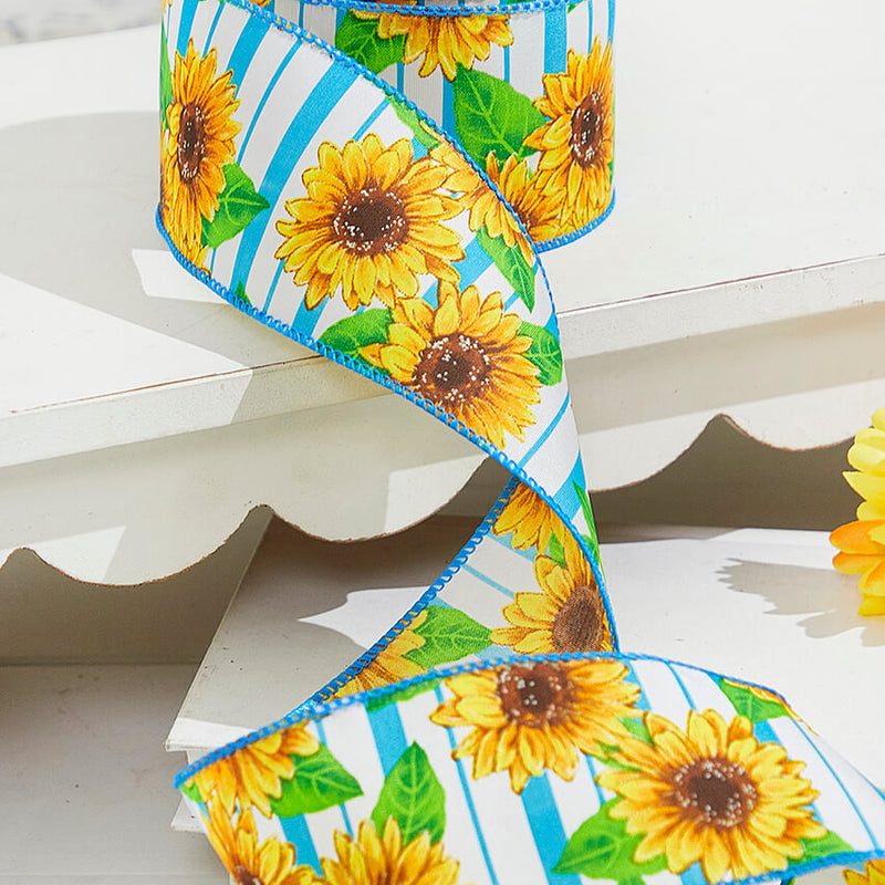 2.5"x 10 Yards Blue Sunflower Ribbon Bright Spring Wired Craft Ribbon