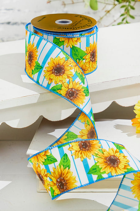 2.5" x 10 Yards Blue Sunflower Ribbon