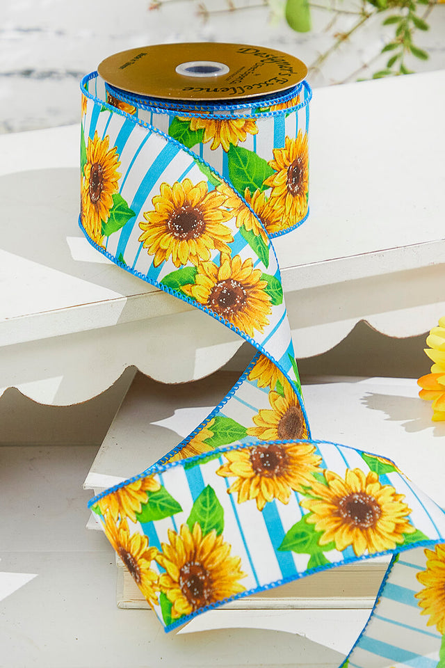 2.5" x 10 Yards Blue Sunflower Ribbon