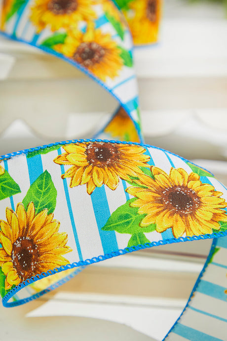2.5" x 10 Yards Blue Sunflower Ribbon
