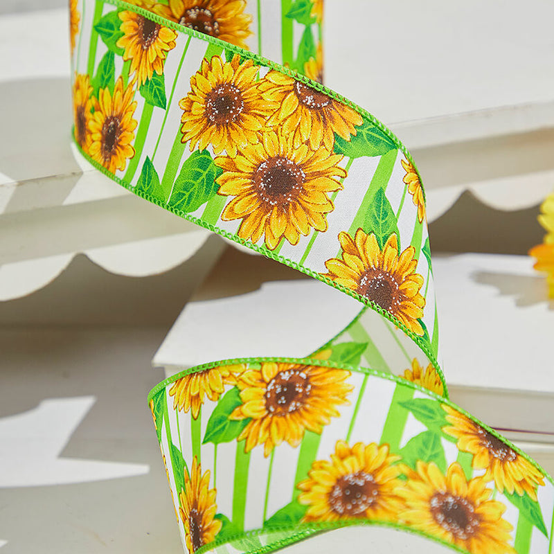 2.5"x 10 Yards Green Sunflower Ribbon Bright Spring Wired Craft Ribbon