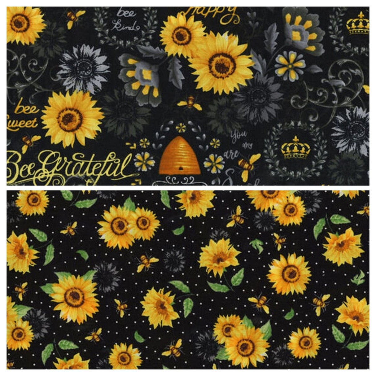 Quilting Cotton Sunflowers Bees Speckled Black 100% Cotton