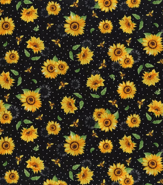 Quilting Cotton Sunflowers Bees Speckled Black 100% Cotton
