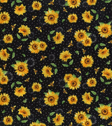 Quilting Cotton Sunflowers Bees Speckled Black 100% Cotton
