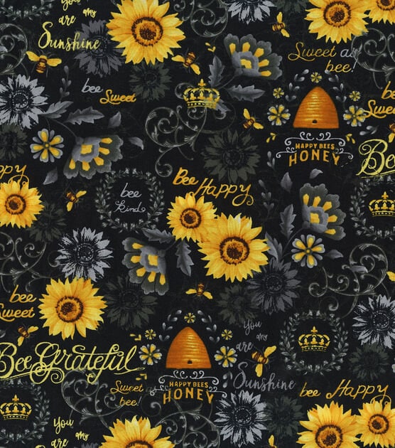 Quilting Cotton Sunflowers Bees Speckled Black 100% Cotton