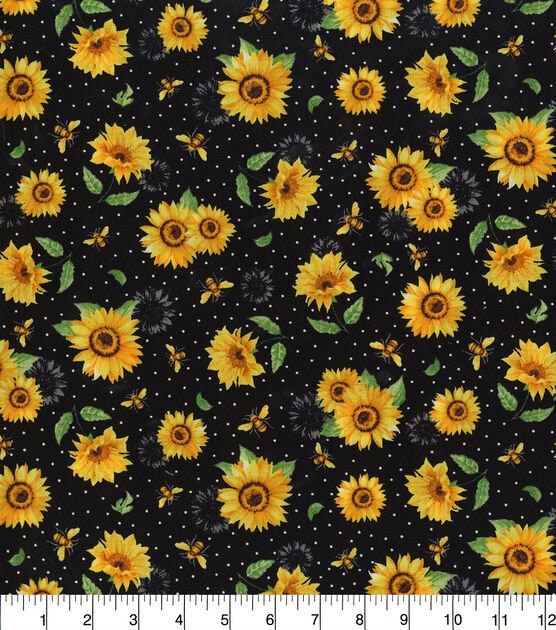 Quilting Cotton Sunflowers Bees Speckled Black 100% Cotton