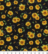 Quilting Cotton Sunflowers Bees Speckled Black 100% Cotton
