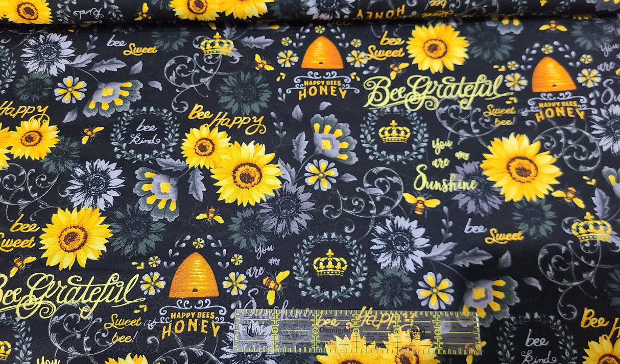 Quilting Cotton Sunflowers Bees Speckled Black 100% Cotton