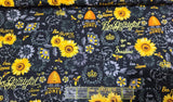 Quilting Cotton Sunflowers Bees Speckled Black 100% Cotton