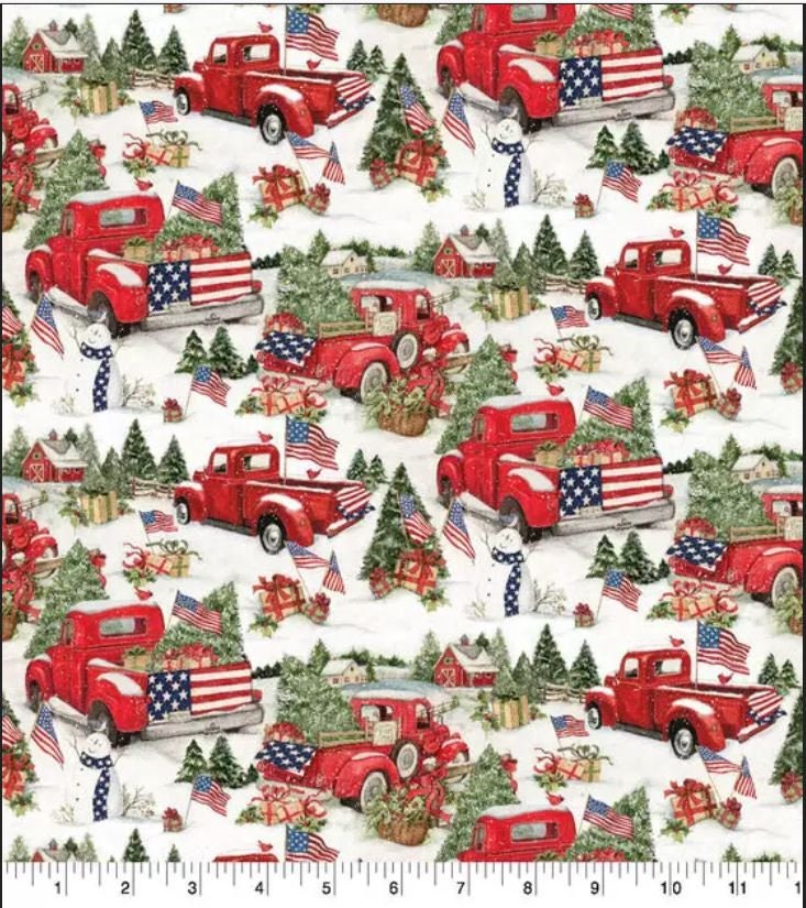 Quilting Cotton Susan Winget American Christmas Truck Christmas Fabric