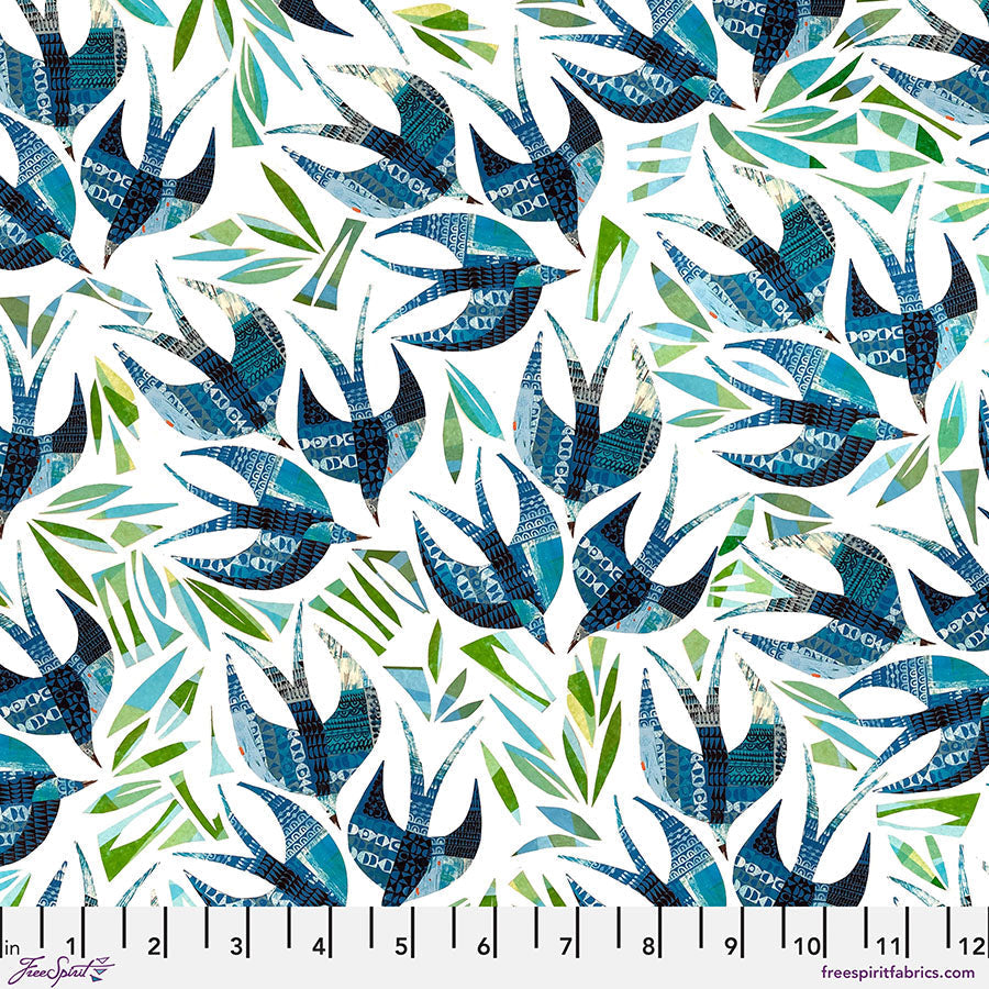 Cotton Print Swallows Blue Fabric 44/45"