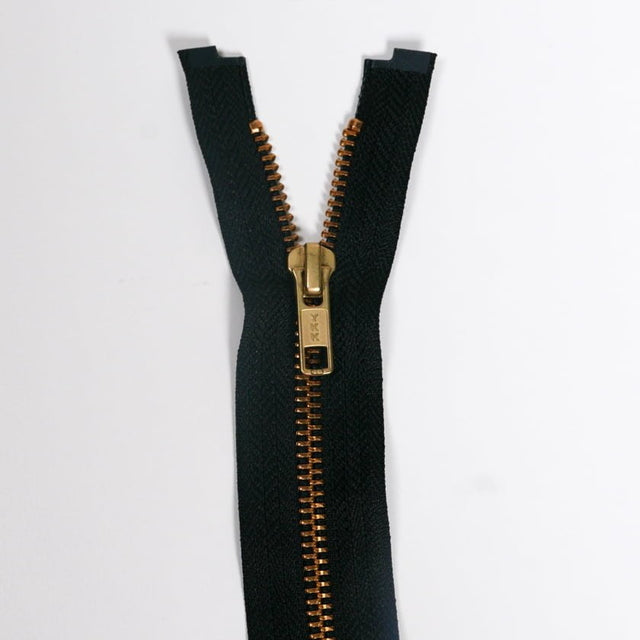 #5 Brass 2-Way Separating Jacket Zipper Fabric - Black With Brass Teeth, 36" Length