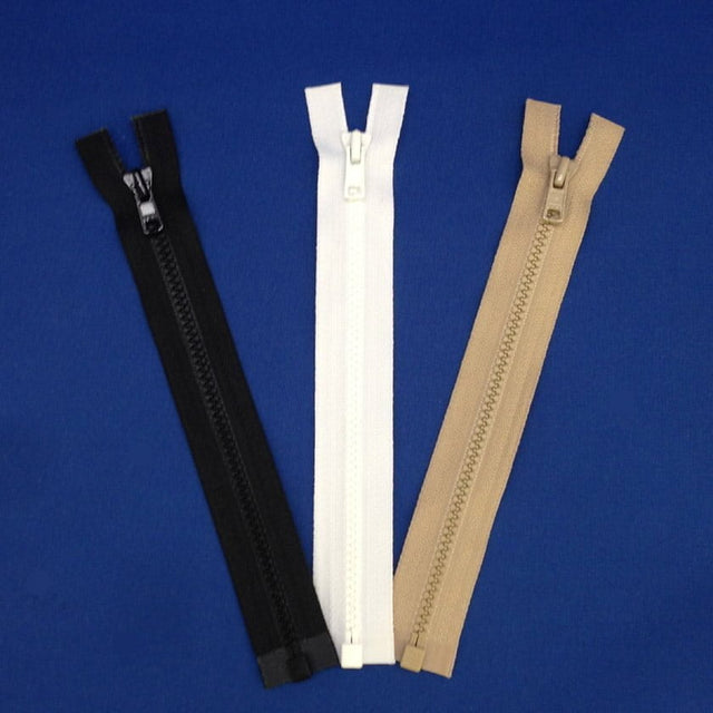 Molded Plastic Separating Zipper Fabric - Black, Tan, White, 7" Length, #3 Teeth
