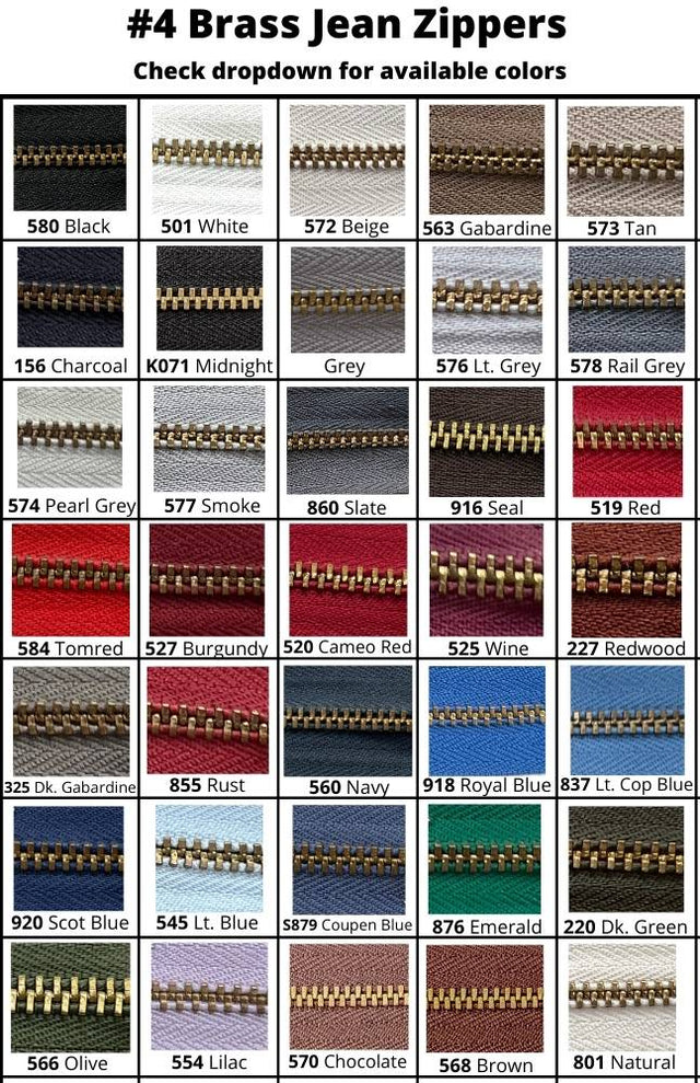 #4 Brass Jean Zippers - Brass Teeth, 9"