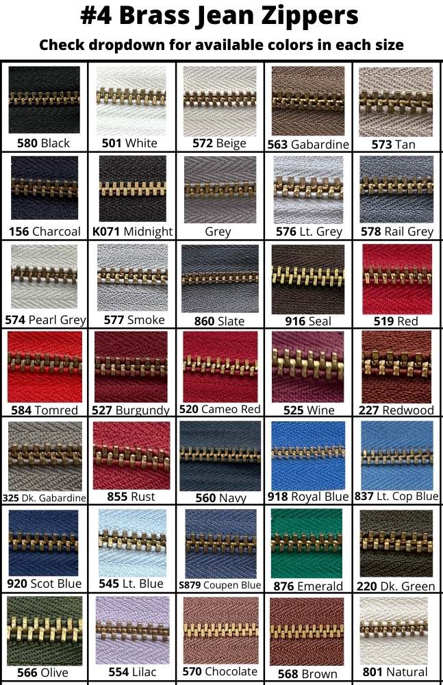 #4 Brass Jean Zippers - Brass Zipper Fabric - 36 Colors, 7" Length