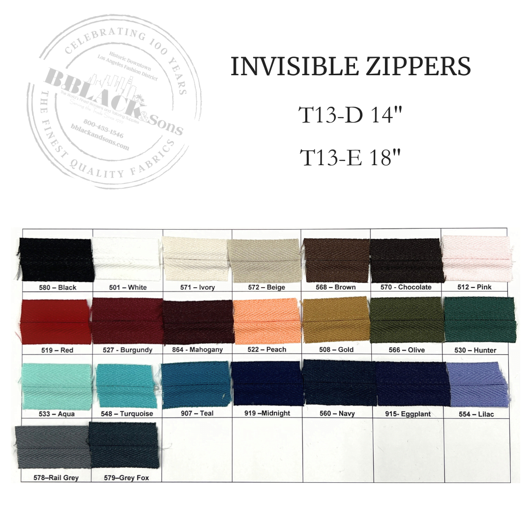 Invisible Zippers Fabric - White, Gold, Pink, Red, Peach, Burgundy, Hunter, Aqua, Turquoise, Lilac, Navy, Olive, Brown, Chocolate, Ivory, Beige, Rail Grey, Grey Fox, Black, Mahogany, Teal, Eggplant, Midnight, 14" - 18"