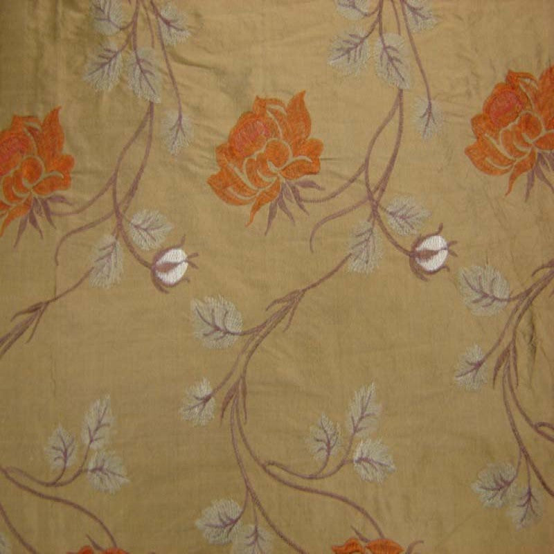 Tamil Floral Embroidered Silk Fabric - Bronze, Champagne, Cream, Khaki, Rose, Sandlwood, Turquoise, Wheat, 54" Width (1 Yard)