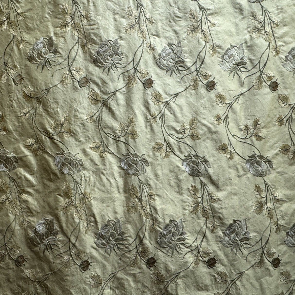 Tamil Floral Embroidered Silk Fabric - Bronze, Champagne, Cream, Khaki, Rose, Sandlwood, Turquoise, Wheat, 54" Width (1 Yard)