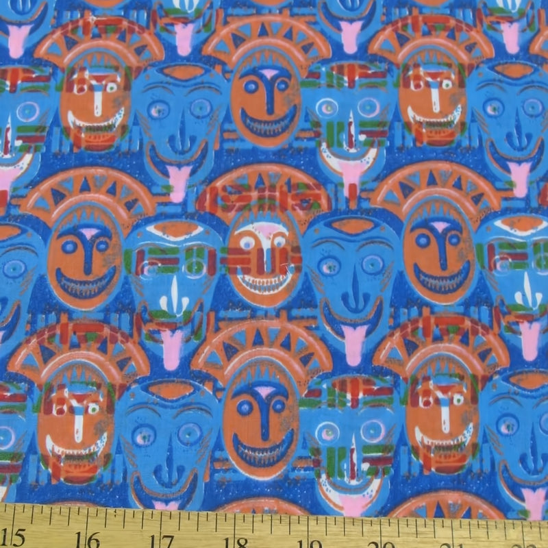 African Cultural Masks Multi Blue Polyester Cotton Fabric