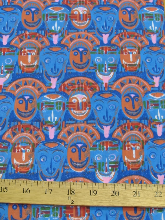 African Cultural Masks Multi Blue Polyester Cotton Fabric