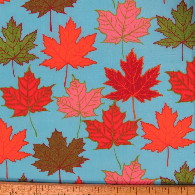 Autumn Leaves Turquoise Cotton Polyester Fabric by the Yard