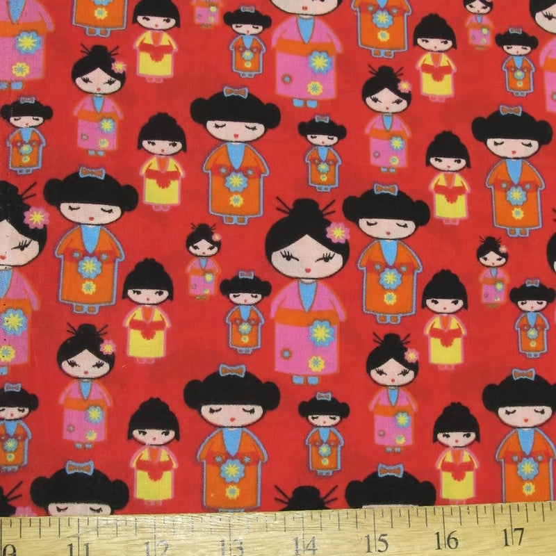 Oriental Geisha Cultural Red Polyester Cotton Fabric