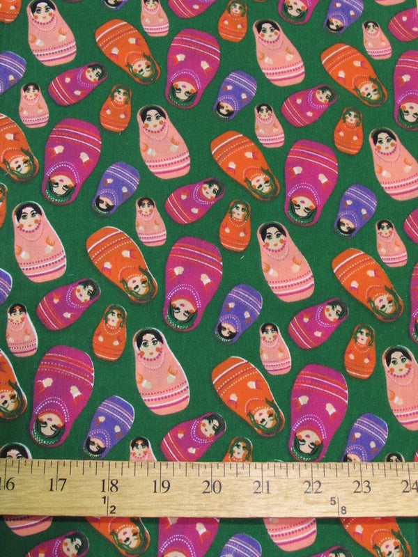 Russian Matryoshka Doll Green Polyester Cotton Fabric