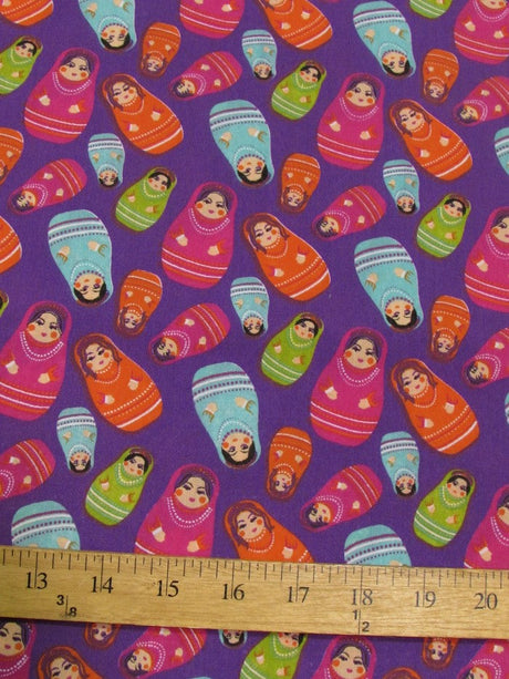 Magenta Russian Matryoshka Doll Polyester Cotton Fabric