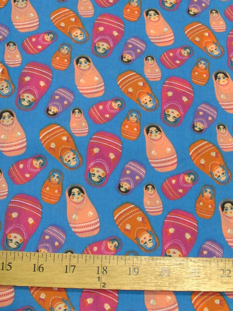 Russian Matryoshka Doll Turquoise Polyester Cotton Fabric