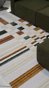 TIA 103 Microfiber Chenille Area Rug - Cream Boho High-Low Texture, Mustard Green Beige (5' 3" X 7' 6" / 1 Rug)
