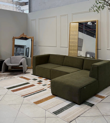 TIA 103 Microfiber Chenille Area Rug - Cream Boho High-Low Texture, Mustard Green Beige (5' 3" X 7' 6" / 1 Rug)