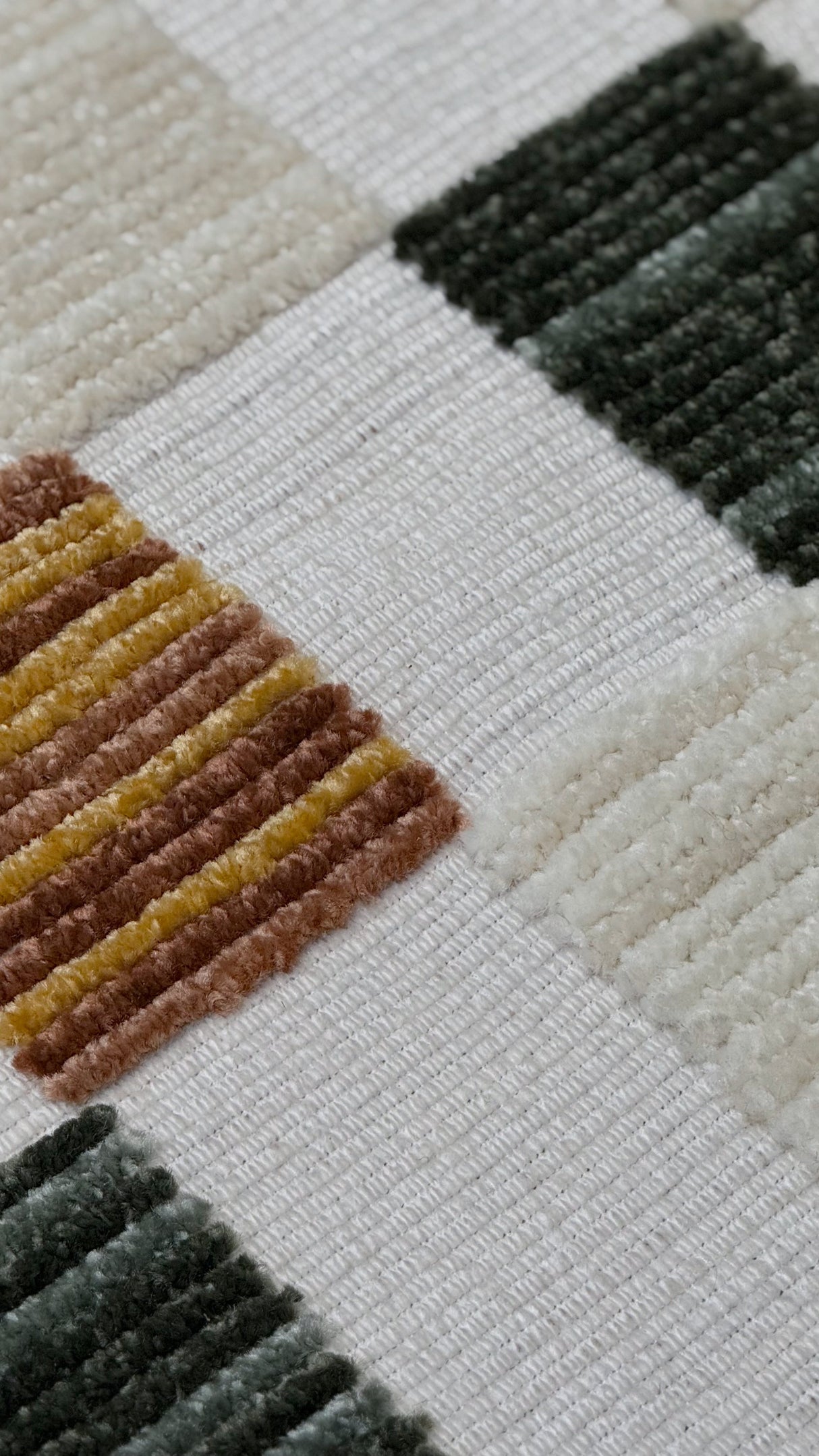 TIA 103 Microfiber Chenille Area Rug - Cream Boho High-Low Texture, Mustard Green Beige (5' 3" X 7' 6" / 1 Rug)