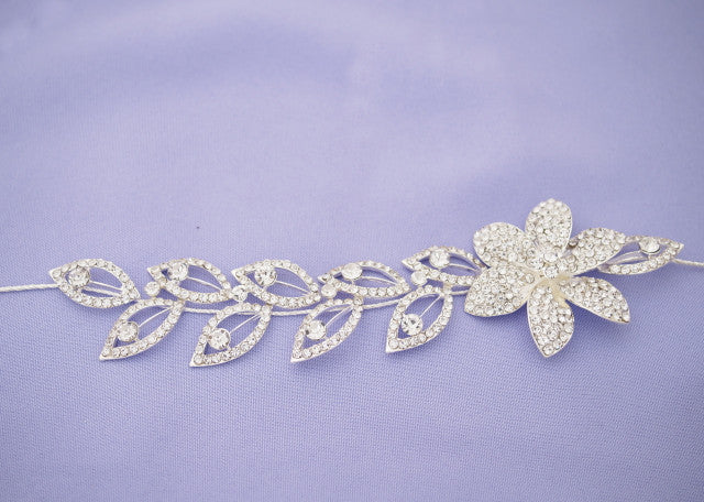 Silver Crystal Bridal Hair Band 10 Inch with Rhinestone Blooms