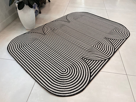 TOV 305 Polypropylene Fabric - Black & Ivory Geometric, Indoor/Outdoor Rug, Organic Live Edge (1 Piece)